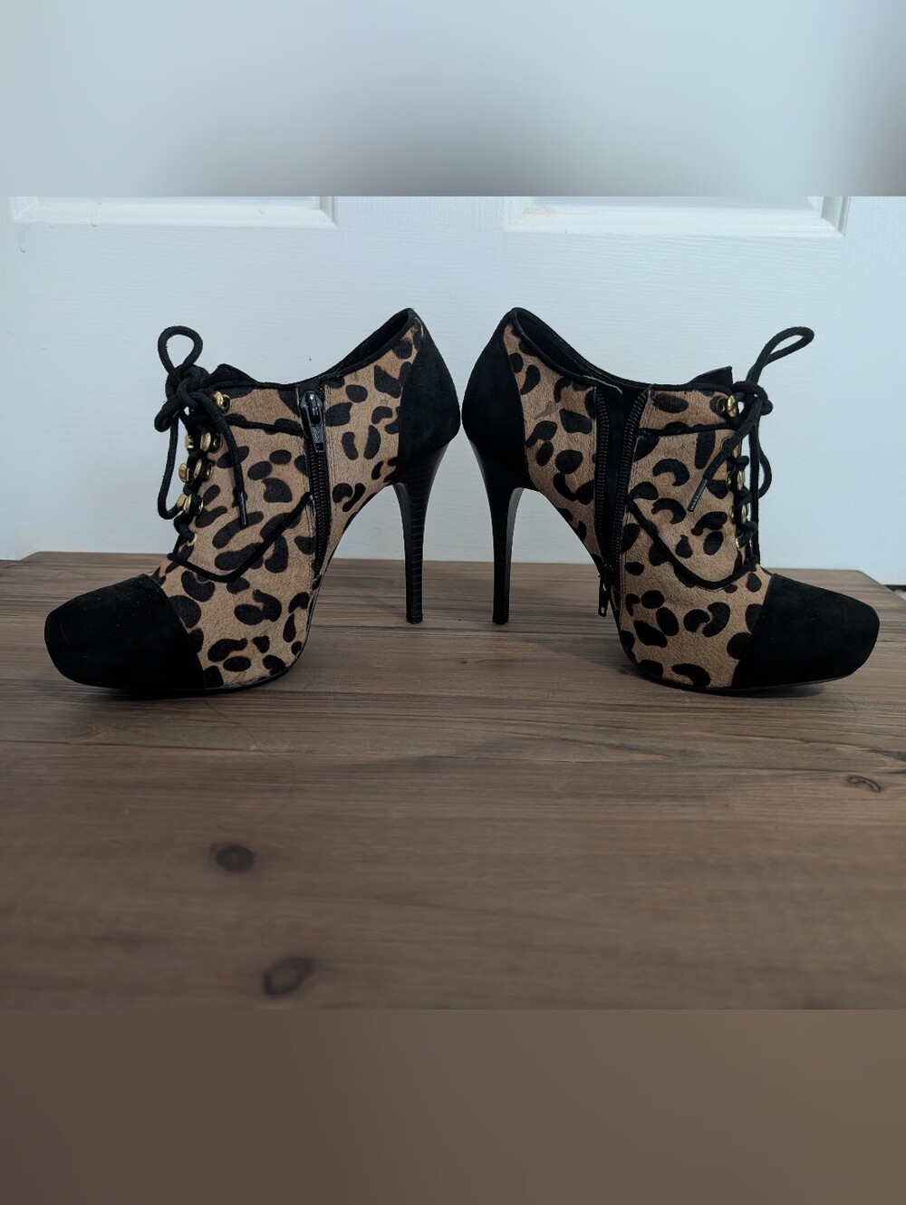 Fergie Leopard Print Lace-Up Stiletto Booties - Black and Tan
